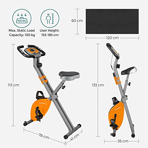 Bicicleta de exercitii, bicicleta de fitness, antrenor interior pliabil, 8 nivele de rezistenta magnetica, cu covoras, senzor de puls, suport pentru telefon, greutate maxima de 100 kg, portocalie SONGMICS