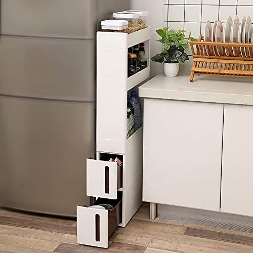 Cabinet ingust cu 3 Polite si 2 Sertare  cu incorporare pe Roti pentru Bucatarie, Baie si Camara, 17 cm Latime, Alb , 45 x 17 x 106.5 cm SONGMICS