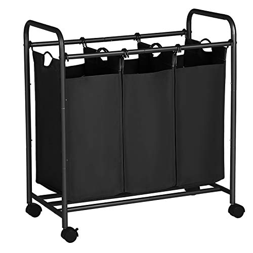 Sorter de Rufe cu Roti , Cos de Rufe cu 3 Saci Detasabili, Troler pentru Rufe, Organizator de Jucarii cu Roti, Solid, 3 x 44L, Negru SONGMICS