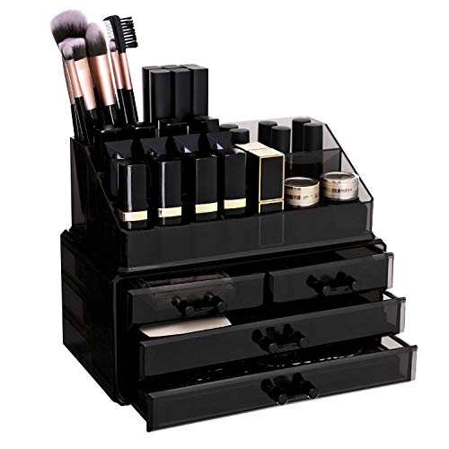 Organizator de Machiaj din Acrilic, Cutie de Depozitare pentru Machiaj, Caz de Afisare Cosmetic, cu 4 Sertare, pentru Pensule, Palete, Rujuri, Oja, Cadou, Negru SONGMICS
