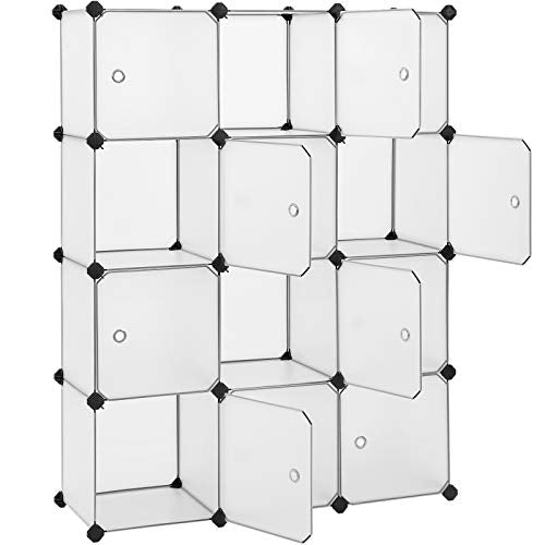 Organizator de Stocare cu 12 Cuburi, Dulap din Plastic cu Usi, Raft pentru Pantofi, Cuier, pentru Haine, Pantofi, Jucarii, Carti, Usor de Asamblat, 30 x 30 x 30 cm, Alb SONGMICS