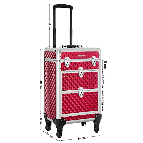 Valiza pentru accesorii de calatorie , Valiza cosmetica cu role ABS, rosu, 34 x 27 x 57 cm, SONGMICS