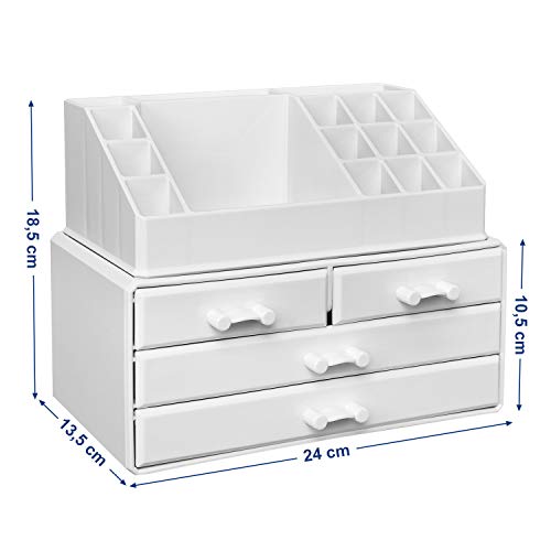 Organizator Cosmetice, Suport de Depozitare pentru Machiaj cu 4 Sertare si 16 Compartimente de Dimensiuni Diferite, Pernite Antiderapante, pentru Machiaj si Accesorii de Bijuterii, Alb SONGMICS