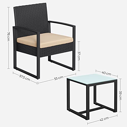 Set de Mobilier pentru Balcon  , Mobilier de Gradina din PE Poliratan, Set de Lounge cu Masa si 2 Scaune, Mobilier de Curte pentru Montaj Usor pentru Balcon si Curte, Negru/Bej SONGMICS