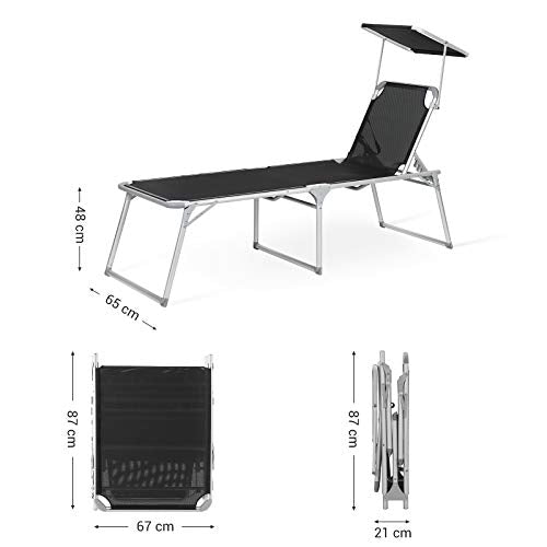 sezlong, sezlong mare cu spatar reglabil, 65 x 200 x 48 cm, Capacitate de incarcare 150 kg, cu spatar reglabil, umbrela de soare, pliabil, pentru gradina, Balcon, Terasa, Negru SONGMICS