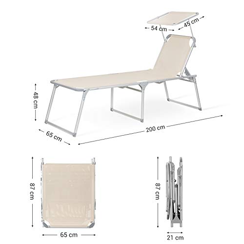 sezlong, sezlong mare cu spatar reglabil, 65 x 200 x 48 cm, Capacitate de incarcare 150 kg, cu spatar reglabil, umbrela de soare, pliabil, pentru gradina, Balcon, Terasa, Bej SONGMICS