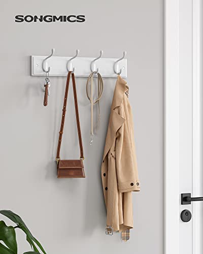 Suport de haine montat pe perete cu 4 carlige metalice, Cuier de perete din lemn pentru Dormitor, Antreu, Baie, Alb SONGMICS