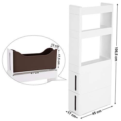 Cabinet ingust cu 3 Polite si 2 Sertare  cu incorporare pe Roti pentru Bucatarie, Baie si Camara, 17 cm Latime, Alb , 45 x 17 x 106.5 cm SONGMICS