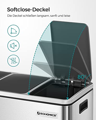 Cos de Gunoi , 3 x 18 L Triple Kitchen Bin, Cos Pedal cu 3 Compartimente si Capac inchidere usoara, Galeti Interioare din Plastic si Manere, Argintiu si Negru SONGMICS