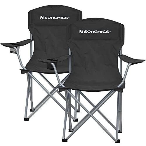 Set de 2 scaune pliante pentru camping, confortabile, cu structura robusta, capacitate maxima de incarcare 150 kg, cu suport pentru pahar, scaune de exterior, negru SONGMICS