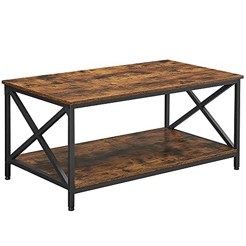 Masa de cafea, Masa de cocktail cu cadru din otel in forma de X si raft de depozitare, 100 x 55 x 45 cm, Stil farmhouse industrial, Maro Rustic si Negru, VASAGLE