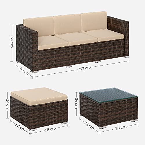 Set de Mobilier pentru Balcon  , Mobilier de Gradina din PE Poliratan, Set de Lounge cu Perne si Masa cu Blat de Sticla, Mobilier de Curte cu Canapea Coltar pentru Balcon si Curte, Maro Bej SONGMICS