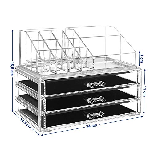 Organizator de Machiaj, Set de 2 Cutii pentru Machiaj, Organizator Cosmetice cu 3 Sertare si 15 Compartimente Variate, pentru Rujuri, Pensule, Transparent SONGMICS