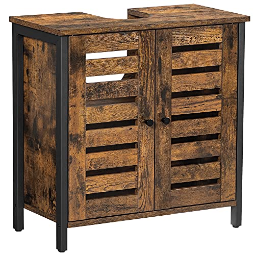 Mobilier sub Chiuveta pentru Baie, Unitate de Baie cu Spatiu de Stocare, 60 x 30 x 60 cm, cu Cadru din Otel, Usi cu Grila, Raft Ajustabil, Stil Industrial, Maro Rustic si Negru, VASAGLE