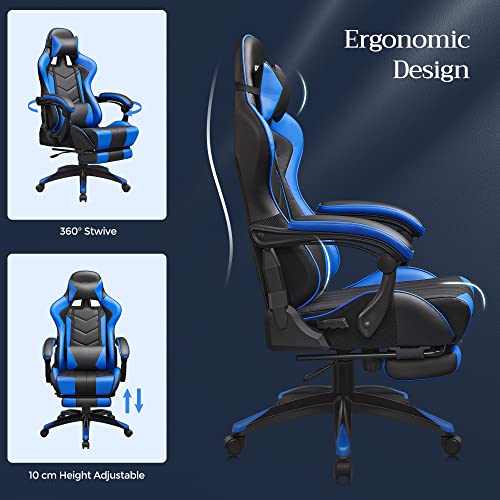 Scaun de Gaming, Scaun de Birou Ergonomic, Scaun de Birou, Suport Extensibil pentru Picior, Unghi de inclinare 90°-135°, Capacitate Maxima de 150 kg, Negru/Albastru SONGMICS