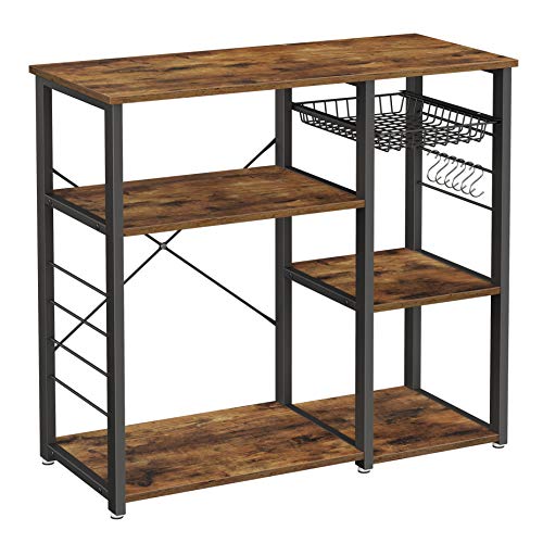 Rack de Bucatar , Polita de Bucatarie cu Structura din Otel, Cos Metalic si 6 Carlige, Depozitare Multifunctionala pentru Mini Cuptor, Condimente si Ustensile, Industrial, Maro Rustic si Negru, VASAGLE