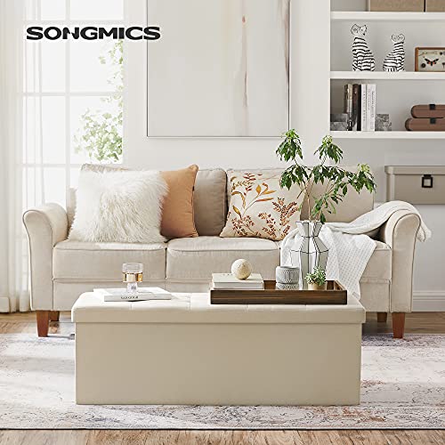 Cutie de depozitare pliabila, Banca captusita, Scaunel pentru picioare cu capac, Material din imitatie de in, 120L, Suporta pana la 300 kg, 110 x 38 x 38 cm (L x l x i), Bej SONGMICS