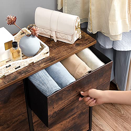 Comoda cu 6 Sertare din Material Textil cu Structura Metalica, Unitate de Organizare cu Fatada si Partea Superioara din Lemn, Comoda Industriala, pentru Nursery, Bedroom, Hol, Maro Rustic si Negru SONGMICS