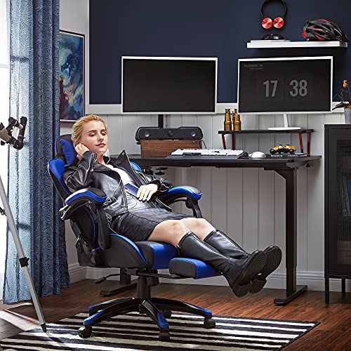 Scaun de Gaming, Scaun de Birou Ergonomic, Scaun de Birou, Suport Extensibil pentru Picior, Unghi de inclinare 90°-135°, Capacitate Maxima de 150 kg, Negru/Albastru SONGMICS