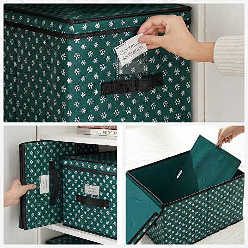 Cutii de depozitare cu capac, set de 3, cutii pliabile cu etichete pentru Craciun, cutii din tesatura cu model de fulgi de zapada pentru dulap, 30 x 40 x 25 cm, verde SONGMICS