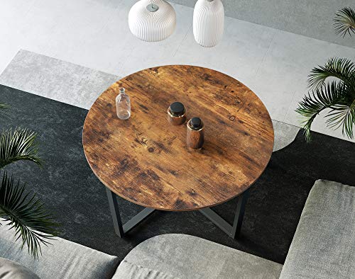 Masa de Cafea Rotunda, Masa de Cocktail de Stil Industrial, Cadru Durabil din Metal, Usor de Asamblat, pentru Living, Dormitor, Maro Rustic si Negru, VASAGLE