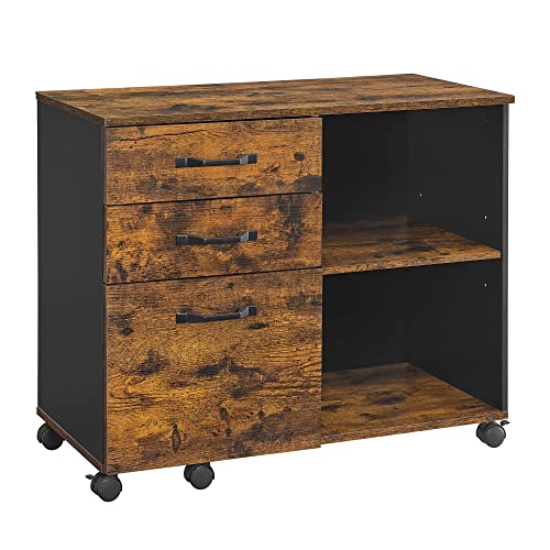 Cabinet de Fisiere  cu 3 Sertare, Cabinet de Arhivare Lateral Mobil cu Compartimente Deschise, pentru Documente A4, Scrisori, Suport pentru Imprimanta, Stil Industrial, Maro Rustic si Negru, VASAGLE