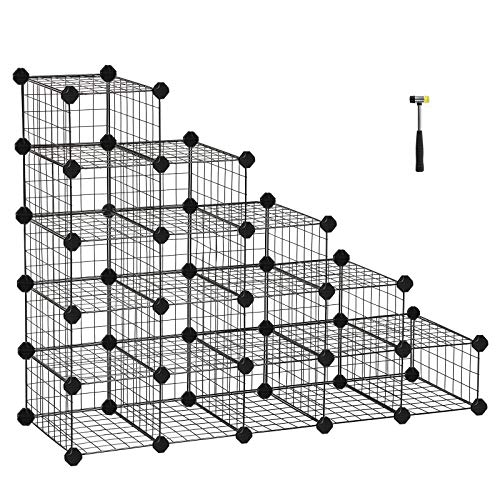 Suport pentru pantofi, Unitate de depozitare DIY modulara cu plasa metalica, Organizator pentru pantofi in sufragerie, hol sau dormitor, Include ciocan de cauciuc si curele anti-rasturnare, Negru SONGMICS