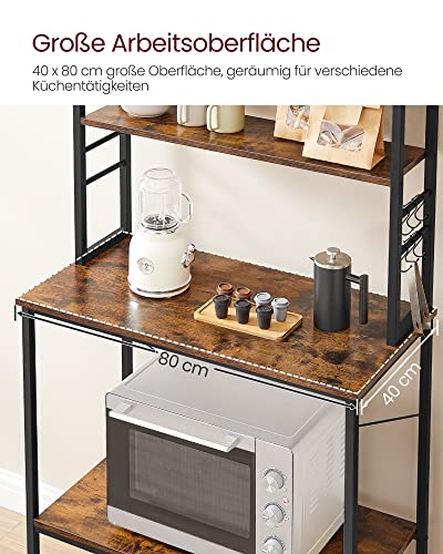 Polita de Bucatarie , Polita in Picioare pentru Bucatarie, Polita pentru Cuptorul cu Microunde, 6 Polite si 6 Carlige, pentru Cuptorul cu Microunde, Structura din Otel, Design Industrial, 40 x 80 x 167 cm, Maro Vintage/Negru, VASAGLE