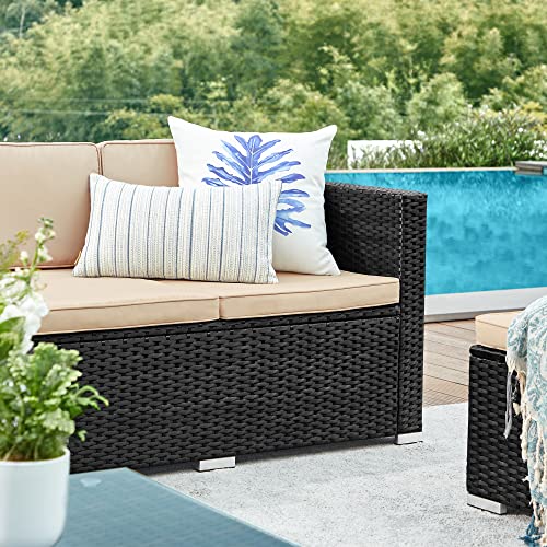 Set de Mobilier pentru Balcon  , Mobilier de Gradina din PE Poliratan, Set de Lounge cu Perne si Masa cu Blat de Sticla, Mobilier de Curte cu Canapea Coltar pentru Balcon si Curte, Negru Bej SONGMICS