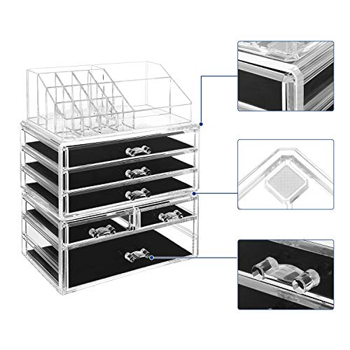 Organizator Mare din Acrilic Transparent pentru Machiaj, Cutie pentru Cosmetice cu 6 Sertare, pentru Palete, Pensule, Fonduri de Ten, Rujuri, Oje, Agrafe de Par, Cadou Minunat pentru Cei Dragi SONGMICS