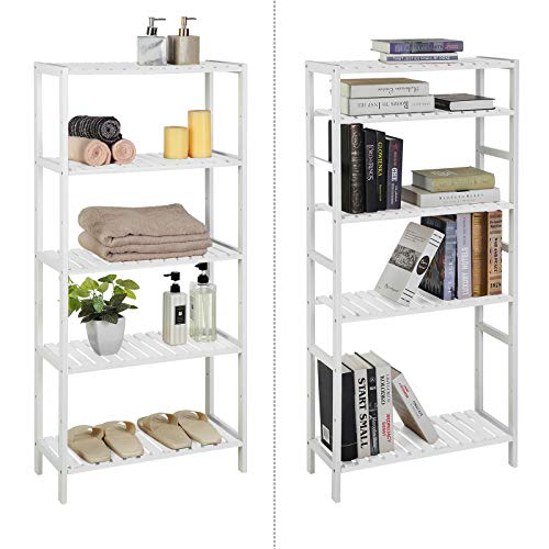 Rafturi de Baie cu 5 Rafturi, Suport din Bambus pentru Bucatarie cu 9 inaltimi Ajustabile, Stand de Afisare Multifunctional in Camera de Zi, Hol, 60 x 26 x 130 cm, Alb SONGMICS