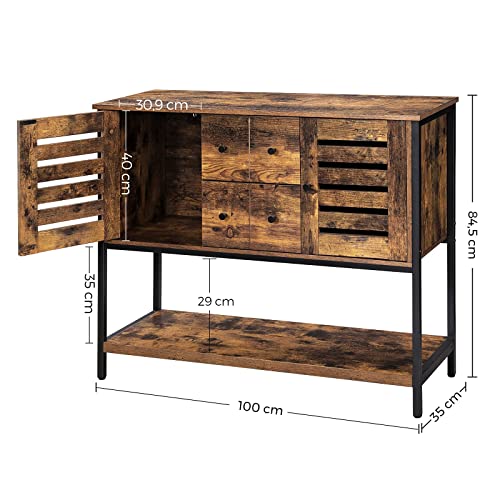 Cabinet de Depozitare, Bufet cu 2 Sertare, 2 Cuier si Raft, pentru Dining Room, Camera de Zi, Bucatarie, 100 x 35 x 84.5 cm, Stil Industrial, Maro Rustic si Negru, VASAGLE