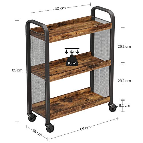 Carucior de bucatarie, carucior rulant, carucior de servire cu roti universale picioare de nivelare, structura din otel, 26 x 66 x 85 cm, pentru bucatarie, sufragerie, maro rustic