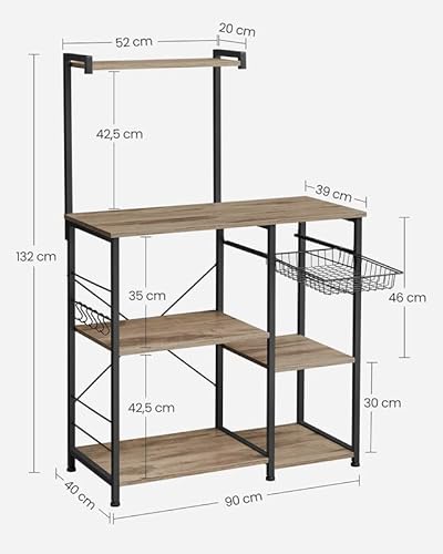 Polita de Bucatarie , Polita in Picioare cu Cos Metalic, Rack de Bucatar cu 6 Carlige S si Polite, Polita pentru Cuptorul cu Microunde, Polita pentru Condimente, pentru Oale si Tigai, Design Industrial, Maro Stejar/Negru, VASAGLE