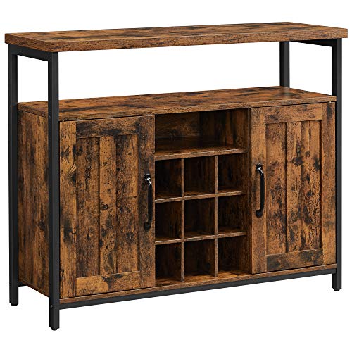 Cabinet de Depozitare, Bufet cu Suport pentru Sticle de Vin, Cuier cu 2 Usi pentru Dining Room, Camera de Zi, Bucatarie, 100 x 35 x 81.4 cm, Stil Industrial, Maro Rustic si Negru, VASAGLE