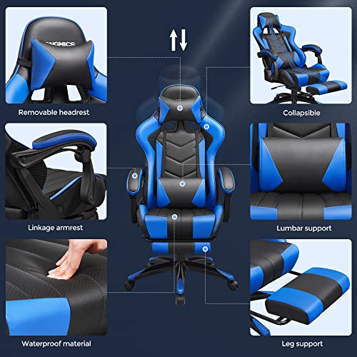 Scaun de Gaming, Scaun de Birou Ergonomic, Scaun de Birou, Suport Extensibil pentru Picior, Unghi de inclinare 90°-135°, Capacitate Maxima de 150 kg, Negru/Albastru SONGMICS