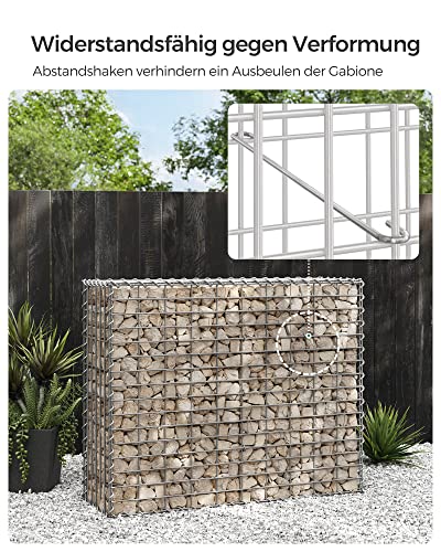 Cos Gabion, Cusca Metalica Gabion cu Plasa de 5 x 10 cm pentru Piatra, Galvanizata, Decor de Gradina sau Perete Despartitor, 100 x 80 x 30 cm, Argintiu SONGMICS