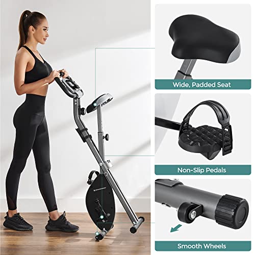 Bicicleta de exercitii, bicicleta de fitness, antrenor interior pliabil, 8 nivele de rezistenta magnetica, cu covoras, senzor de puls, suport pentru telefon, greutate maxima de 100 kg, neagra SONGMICS