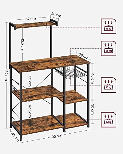 Rack de Bucatar  cu Polite, Suport pentru Cuptorul cu Microunde cu Cos Metalic, 6 Carlige S, Polita de Bucatarie, Depozitare Utilitara pentru Condimente, Oale si Tigai, Maro Rustic, VASAGLE