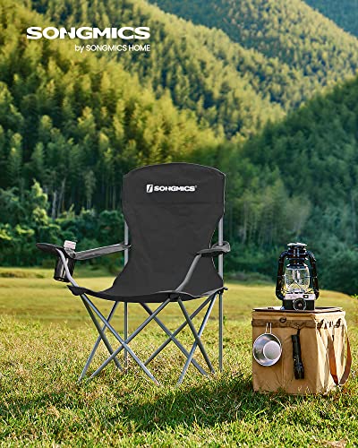 Set de 2 scaune pliante pentru camping, confortabile, cu structura robusta, capacitate maxima de incarcare 150 kg, cu suport pentru pahar, scaune de exterior, negru SONGMICS