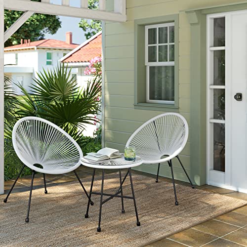 Set de Mobilier pentru Gradina , 3 Piese, Scaun Acapulco, Sezlong pentru Exterior, Masa cu Blat de Sticla si 2 Scaune, Set de Conversatie Interior si Exterior, Alb SONGMICS