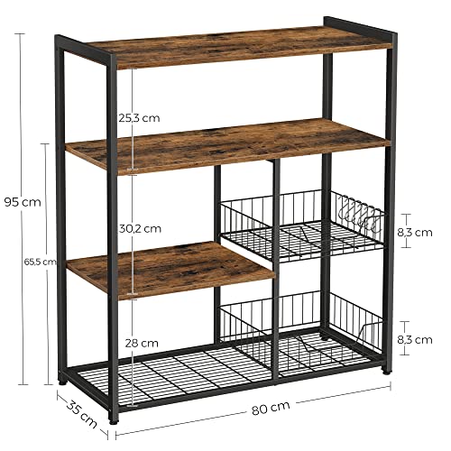 Rack de Bucatar , Insula de Bucatarie cu 2 Cosuri Metalice, Polite si Carlige, 80 x 35 x 95 cm, Stil Industrial, Maro Rustic, VASAGLE