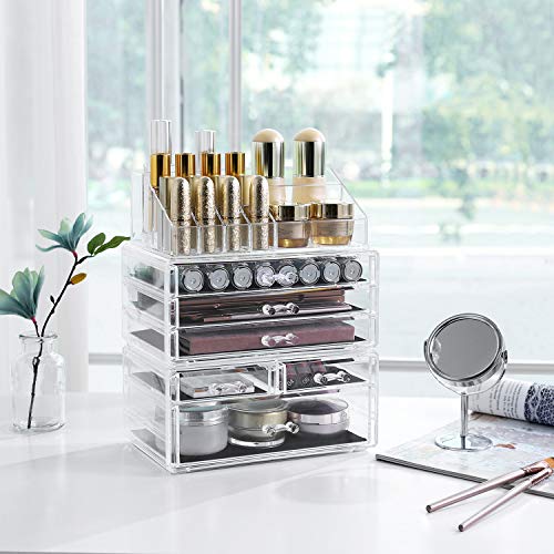 Organizator Mare din Acrilic Transparent pentru Machiaj, Cutie pentru Cosmetice cu 6 Sertare, pentru Palete, Pensule, Fonduri de Ten, Rujuri, Oje, Agrafe de Par, Cadou Minunat pentru Cei Dragi SONGMICS