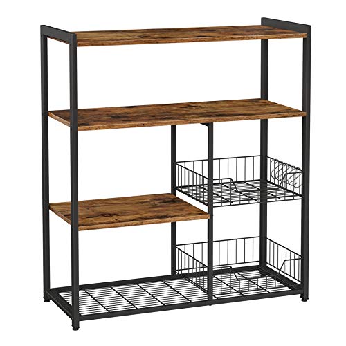 Rack de Bucatar , Insula de Bucatarie cu 2 Cosuri Metalice, Polite si Carlige, 80 x 35 x 95 cm, Stil Industrial, Maro Rustic, VASAGLE