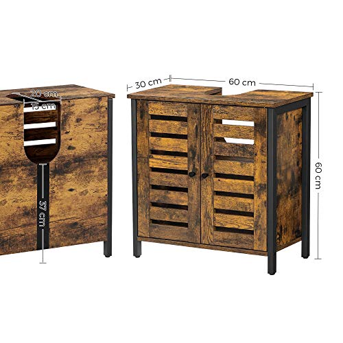 Mobilier sub Chiuveta pentru Baie, Unitate de Baie cu Spatiu de Stocare, 60 x 30 x 60 cm, cu Cadru din Otel, Usi cu Grila, Raft Ajustabil, Stil Industrial, Maro Rustic si Negru, VASAGLE