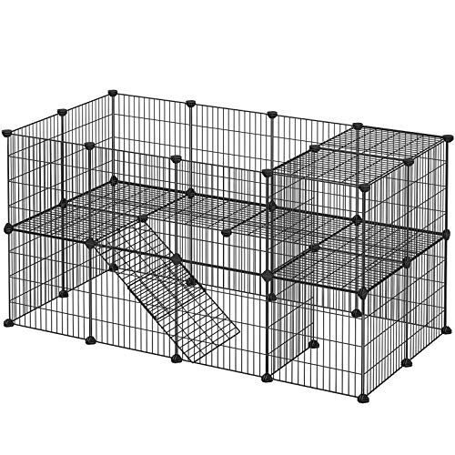 Gard pentru animale de companie din metal cu 2 etaje, 36 de panouri cu grila, cu posibilitate de personalizare, pentru animalele mici, Cobai, Hamsteri, Custi pentru iepuri, include ciocan, pentru uz interior, 143 x 73 x 71 cm, Negru SONGMICS