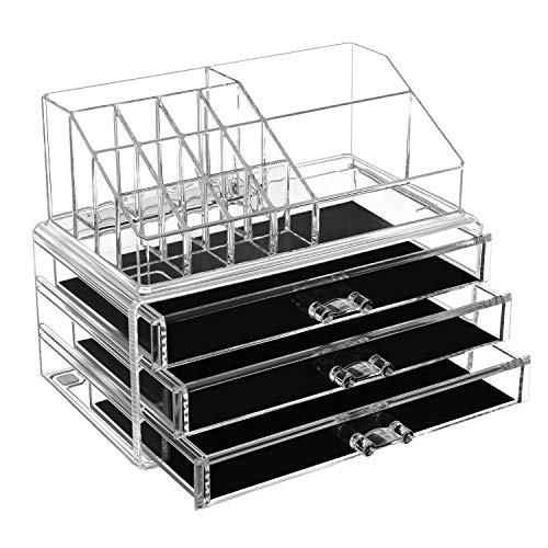 Organizator de Machiaj, Set de 2 Cutii pentru Machiaj, Organizator Cosmetice cu 3 Sertare si 15 Compartimente Variate, pentru Rujuri, Pensule, Transparent SONGMICS