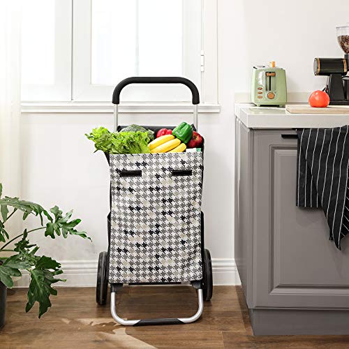 Carucior pentru Cumparaturi cu Roti, Carucior pentru Cumparaturi, Capacitate de Incarcare 40L, cu Pungi, Roti Silentioase, Carlige, 47 x 33 x 97 cm, Model Houndstooth, Negru SONGMICS