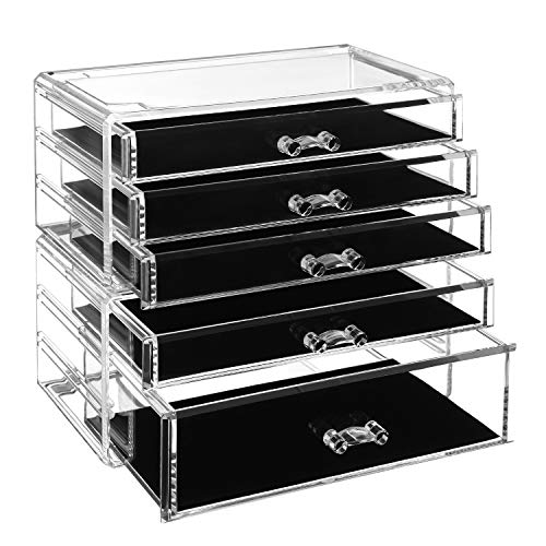 Organizator pentru Machiaj, Set de 2 Cutii de Depozitare pentru Bijuterii si Cosmetice, Suprapunere, cu 5 Sertare, Polistiren Transparent SONGMICS