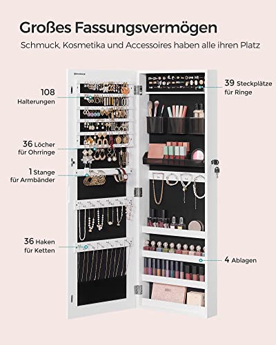 Dulap pentru Bijuterii , Armoire, Unitate de Organizare Montata pe Perete cu inchidere, cu 2 Tavi pentru Stocarea Cosmeticelor din Plastic, Oglinzi Fara Rama de Lungime Integrala, pentru Coliere si Cercei, Alb SONGMICS